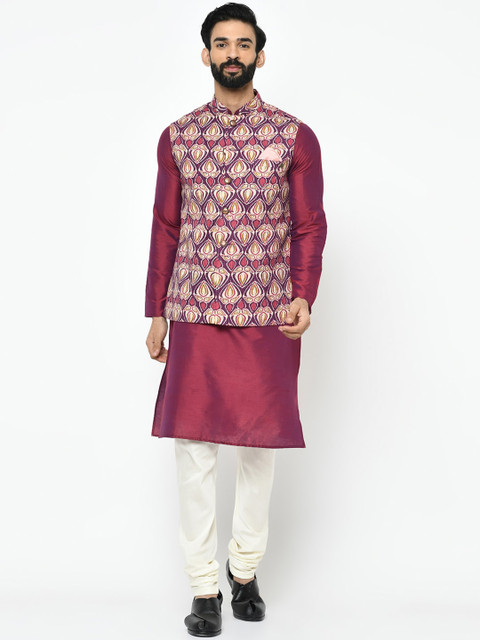 

KISAH Men Purple & Cream-Coloured Self Design Kurta with Pyjamas