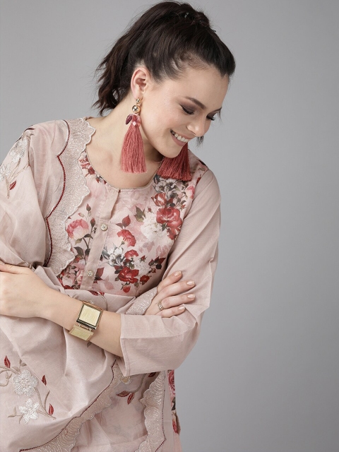 

Ishin Peach-Coloured & Red Cotton Blend Unstitched Dress Material