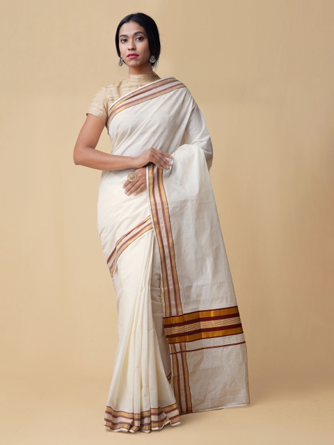 

Unnati Silks White Pure Cotton Solid Kasavu Saree