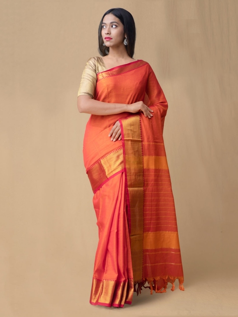 

Unnati Silks Orange Pure Cotton Striped Venkatgiri Saree