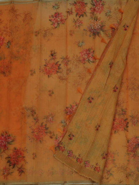 

Pothys Orange & Green Jute Silk Printed Saree