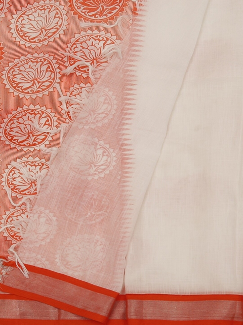 

Pothys White & Orange Linen Blend Printed Saree