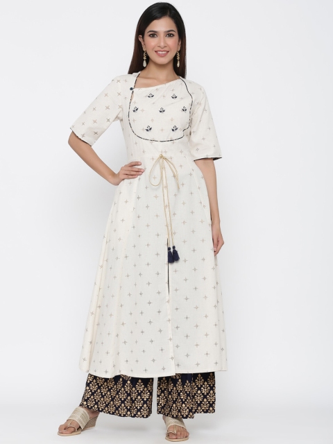 

Jaipur Kurti Women Off-White & Navy Blue Embroidered Kurta with Palazzos