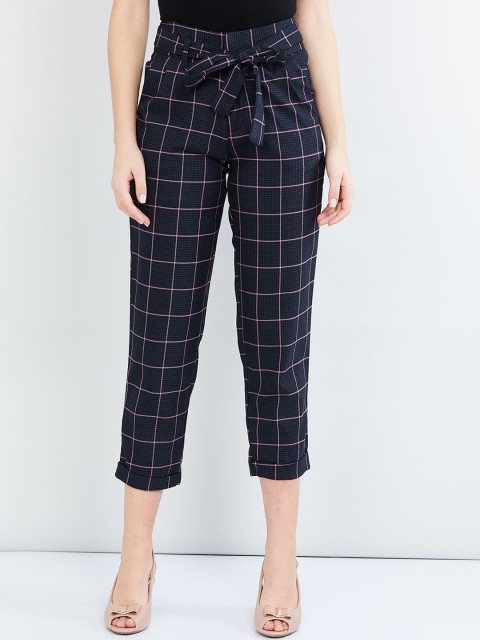 

max Women Navy Blue & Pink Slim Fit Checked Regular Trousers