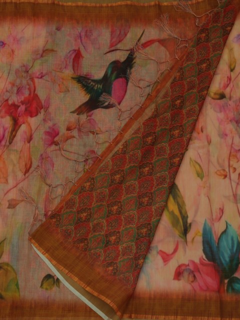 

Pothys Peach-Coloured & Brown Linen Blend Printed Saree