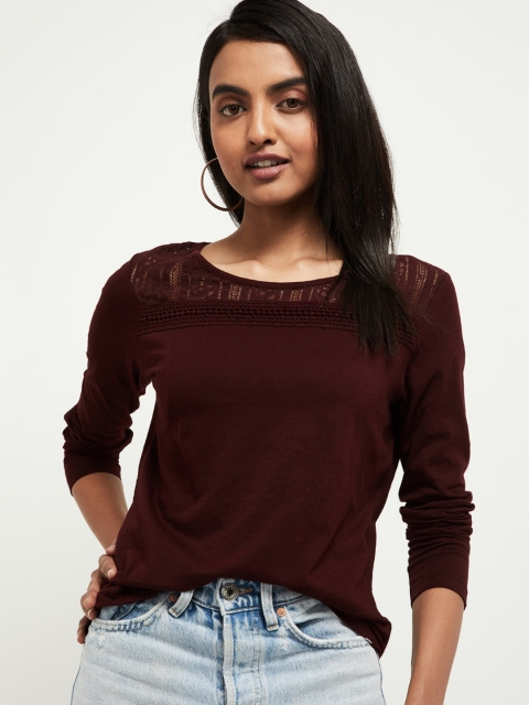 

max Women Burgundy Solid Pure Cotton Top