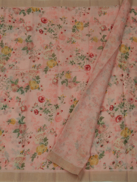 

Pothys Pink & Green Linen Blend Printed Saree
