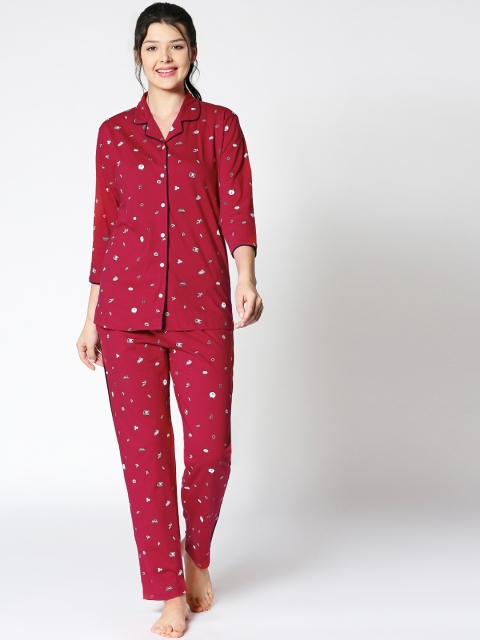 

I like me Women Maroon & White Printed Night suit