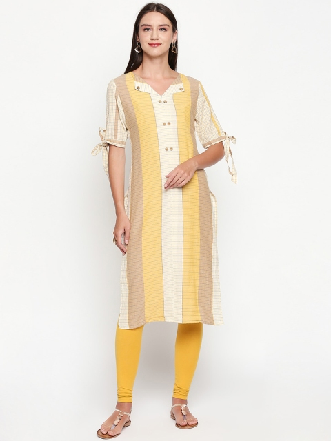 

Lobaanya Women Cream-Coloured & Yellow Striped Straight Kurta