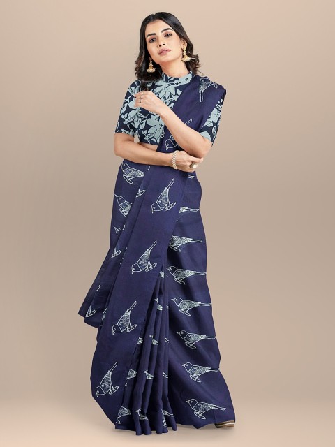 

BharatSthali Blue & Off-White Pure Cotton Printed Saree