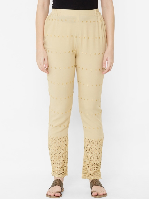 

Juliet Women Beige Tapered Fit Self Design Cigarette Trousers