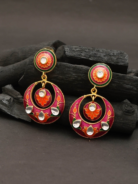 

Silvermerc Designs Gold-Plated & Pink Kundan Contemporary Drop Earrings