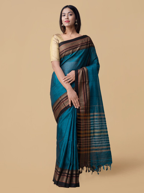 

Unnati Silks Blue Pure Cotton Solid Handloom Narayan Peth Saree
