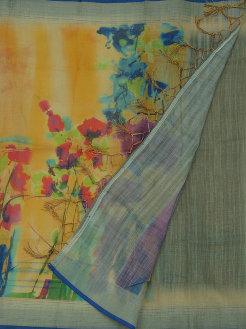

Pothys Yellow Printed Linen Blend Saree