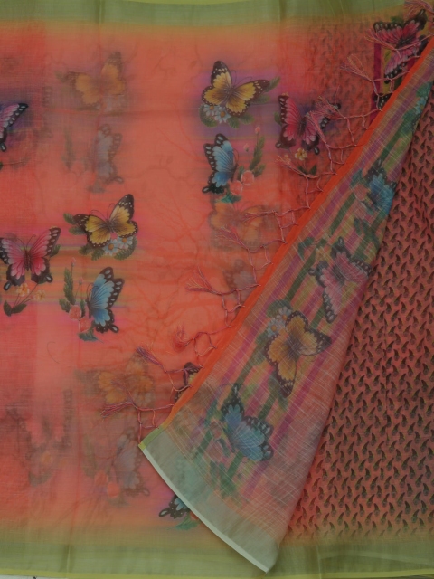 

Pothys Pink & Yellow Linen Blend Printed Saree