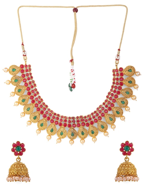 

Fabstreet Gold-Plated Red & Green Stone Studded Beaded Jewellery Set