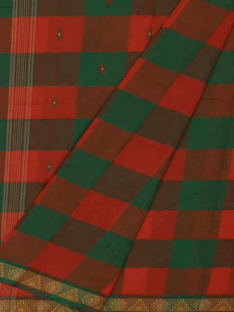 

Pothys Orange & Green Pure Cotton Checked Saree