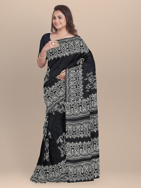 

BharatSthali Black & White Pure Cotton Printed Handloom Saree