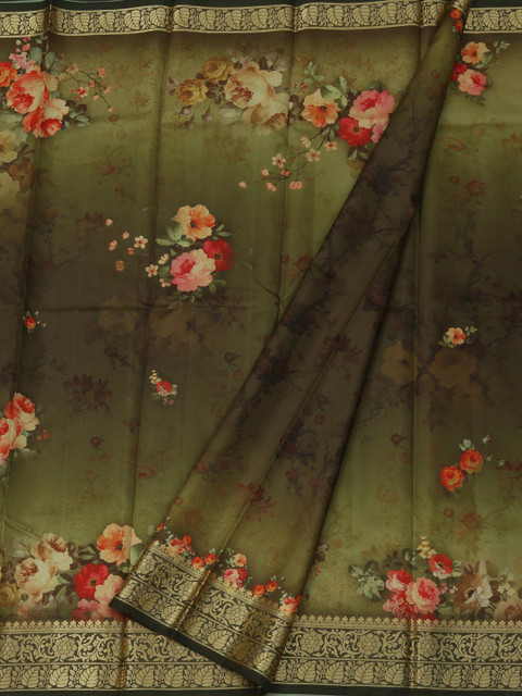 

Pothys Olive Green & Pink Jute Silk Printed Saree