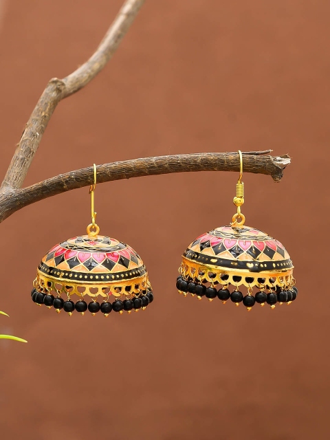 Silvermerc Designs Black & Pink Gold-Plated Meenakari Dome Shaped Jhumkas