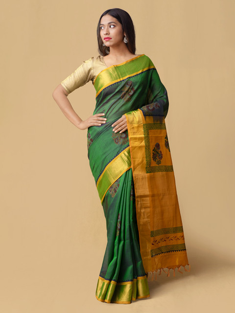 

Unnati Silks Green & Mustard Yellow Silk Cotton Woven Design Handloom Kanjeevaram Saree