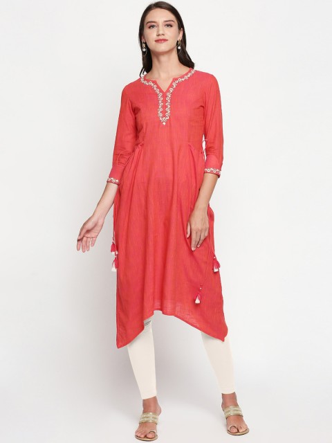 

Lobaanya Women Peach-Coloured Embroidered A-Line Kurta