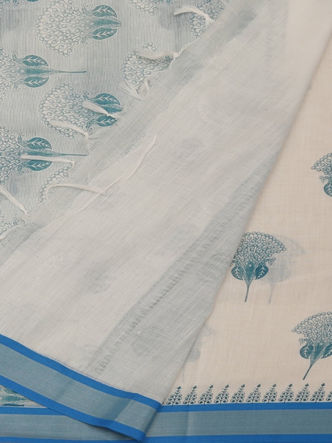 

Pothys Off-White & Green Linen Blend Printed Saree