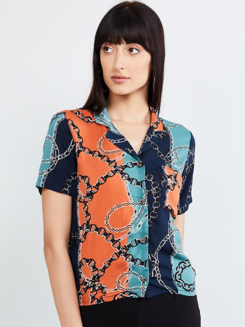 

max Women Orange & Blue Printed Shirt Style Top
