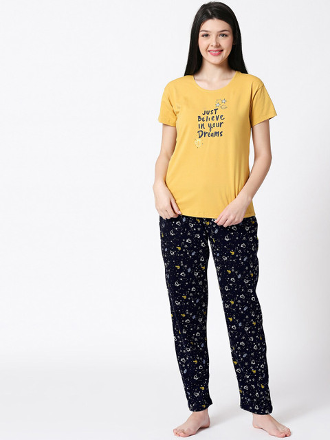 

I like me Women Yellow & Navy Blue Printed Night suit