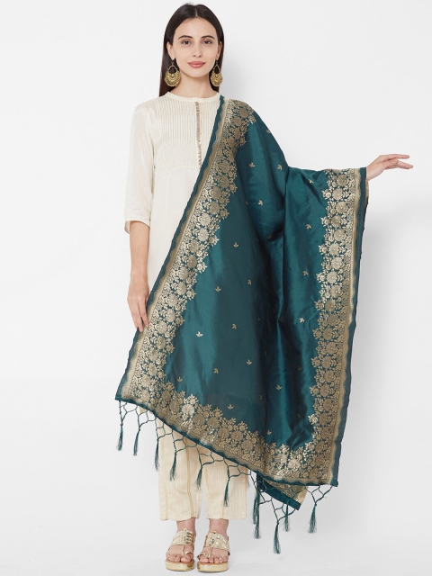 

Satrani Teal Green & Gold-Coloured Floral Woven Design Jacquard Banarasi Dupatta