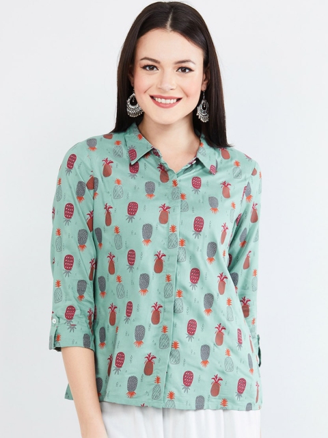 

max Women Teal Printed Shirt Style Top