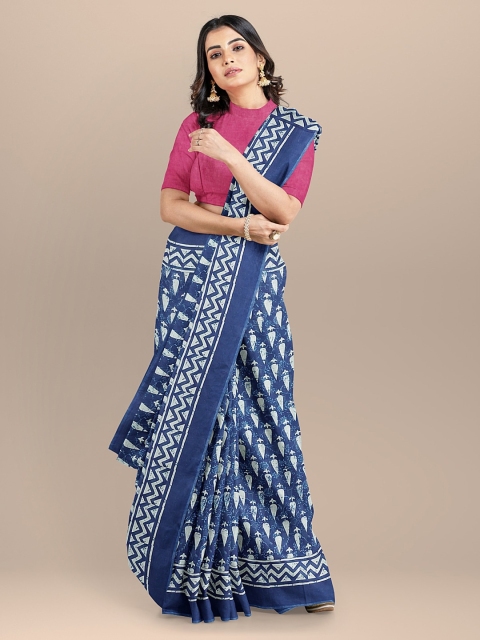 

BharatSthali Blue Printed Pure Cotton Handloom Saree