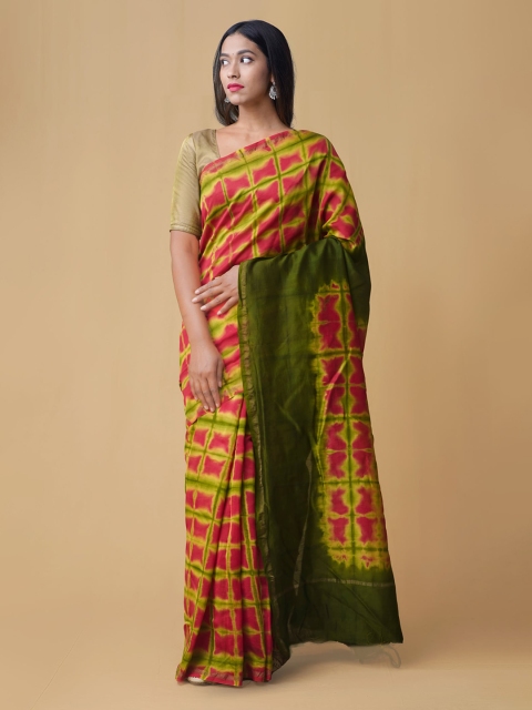 

Unnati Silks Pink & Green Silk Cotton Printed Handloom Chanderi Saree