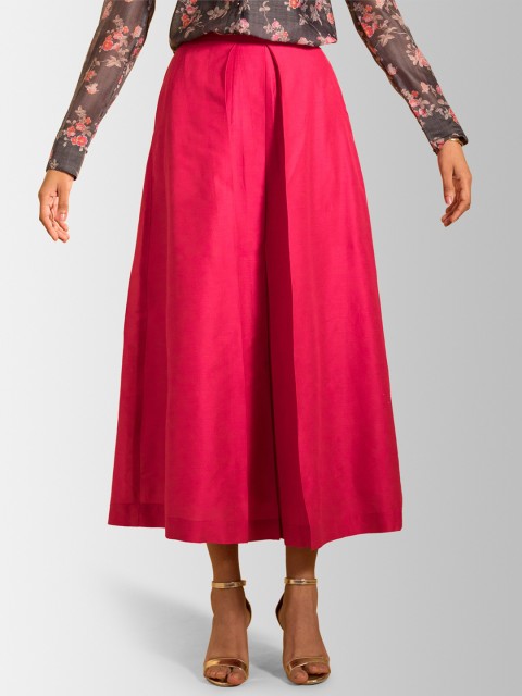 

FableStreet Women Pink Solid Flared Pleated Midi Pure Cotton Skirt