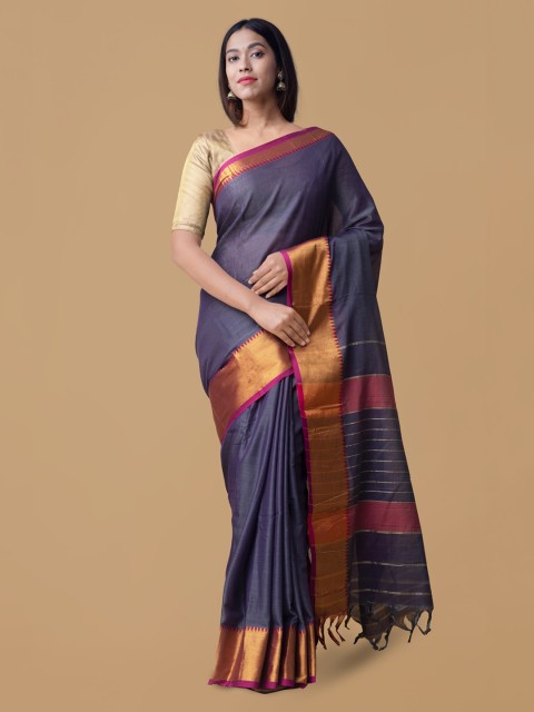 

Unnati Silks Blue & Gold-Coloured Pure Cotton Woven Design Venkatgiri Saree