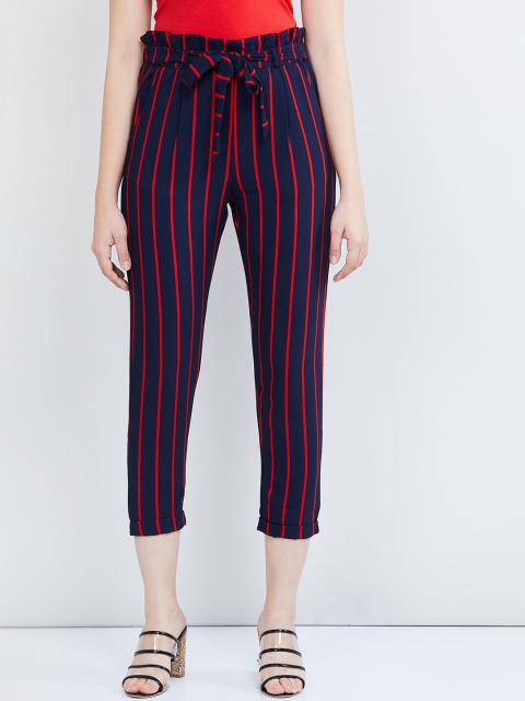 

max Women Navy Blue & Red Regular Fit Striped Regular Trousers