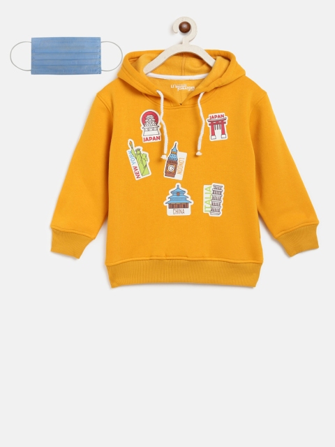

Lil Tomatoes Boys Mustard Yellow Printed Hooded Sweatshirt