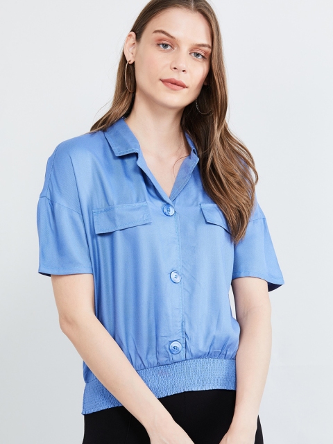 

max Women Blue Solid Shirt Style Top