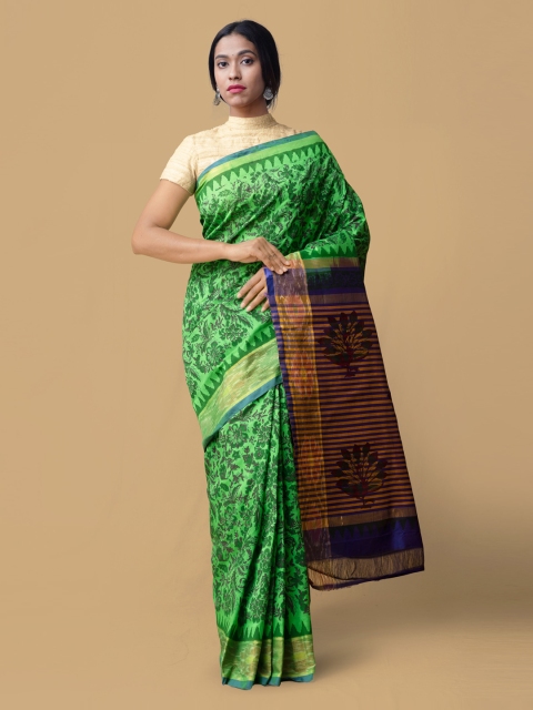 

Unnati Silks Green & Brown Silk Cotton Printed Pochampally Saree