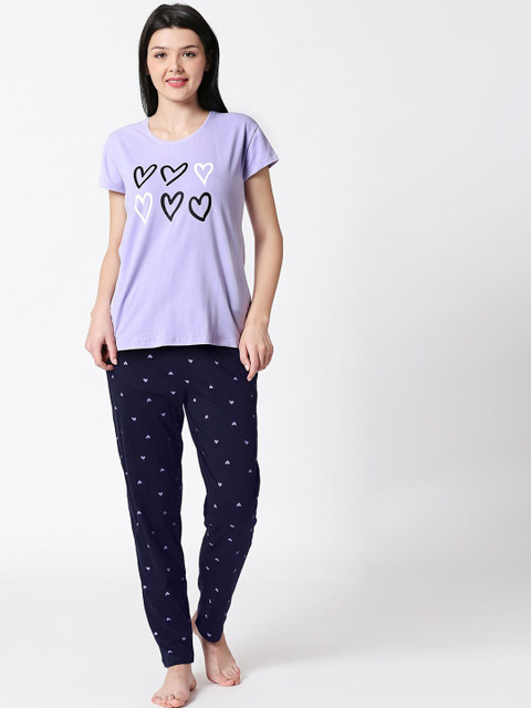 

I like me Women Lavender & Navy Blue Printed Night suit
