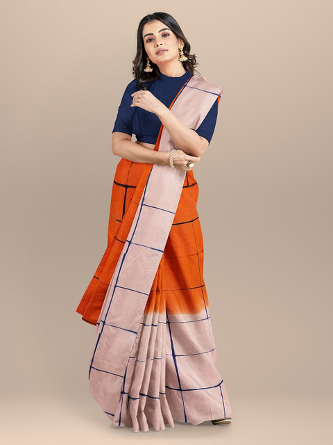 

BharatSthali Orange & Beige Pure Cotton Checked Saree