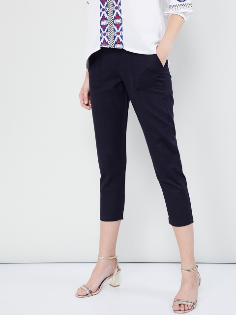 max Women Navy Blue Skinny Fit Solid Regular Trousers