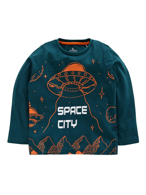 

KiddoPanti Boys Teal Green & Orange Printed Round Neck T-shirt