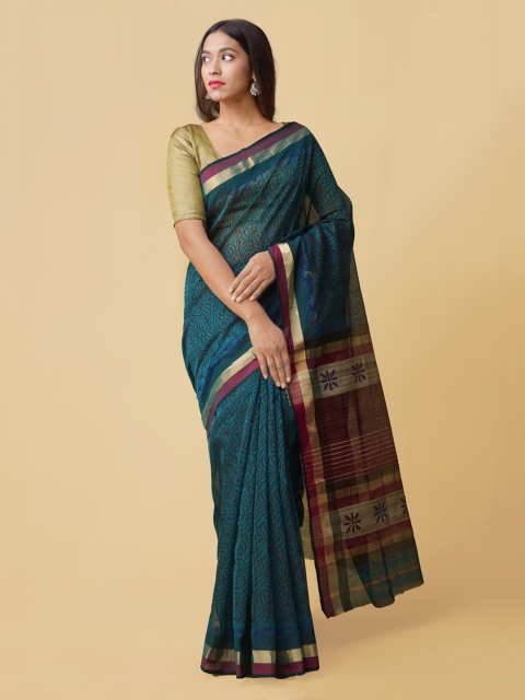 

Unnati Silks Green Silk Cotton Printed Maheshwari Handloom Saree