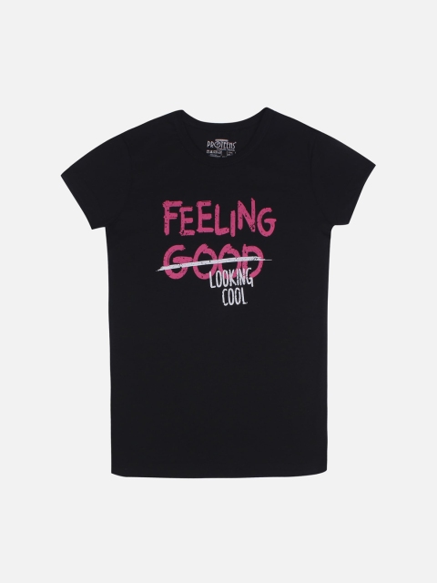 

PROTEENS Girls Black & Pink Printed Round Neck T-shirt