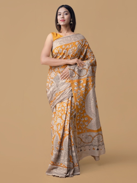 Unnati Silks Cream-Coloured & Orange Pure Cotton Printed Saree