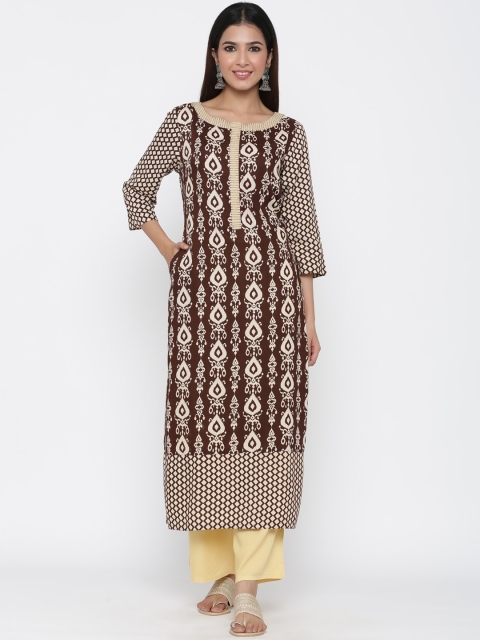 

Jaipur Kurti Women Brown & Yellow Printed Kurta with Palazzos