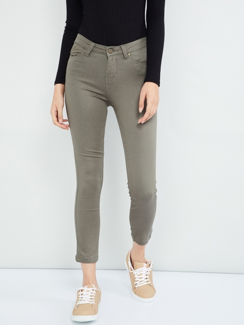 

max Women Olive Green Slim Fit Solid Regular Trousers