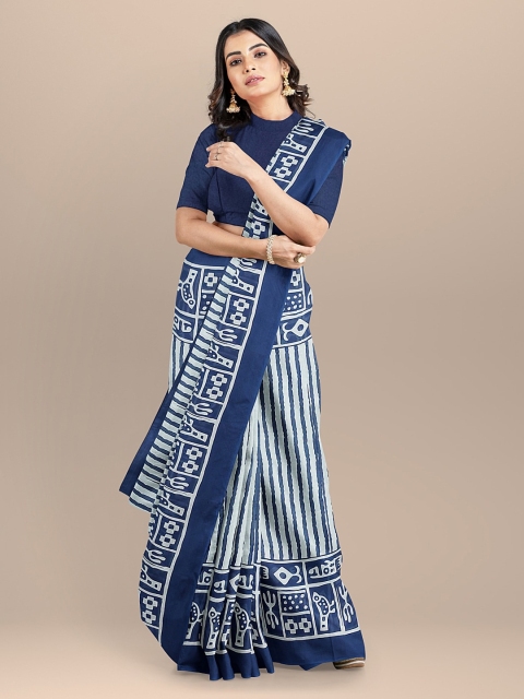 

BharatSthali Blue Printed Pure Cotton Saree