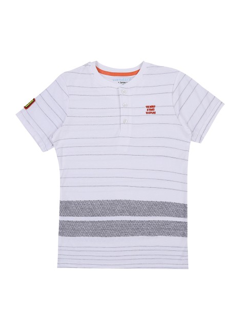 Pantaloons Junior Boys White & Grey Striped Henley Neck T-shirt